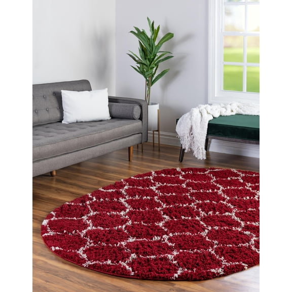 Unique Loom Trellis Shag Collection Area Rug - Ruby (5' 3" x 8' Oval Burgundy Red/Ivory)