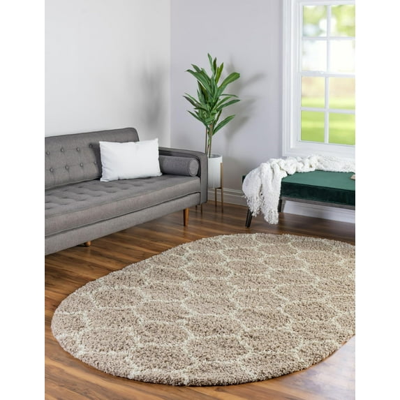 Unique Loom Trellis Shag Collection Area Rug - Ruby (5' 3" x 8' Oval Light Brown/Ivory)