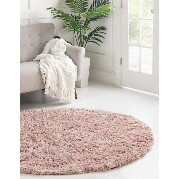 Unique Loom Trellis Shag Collection Area Rug - Ruby (6' Round Light Pink/Ivory)
