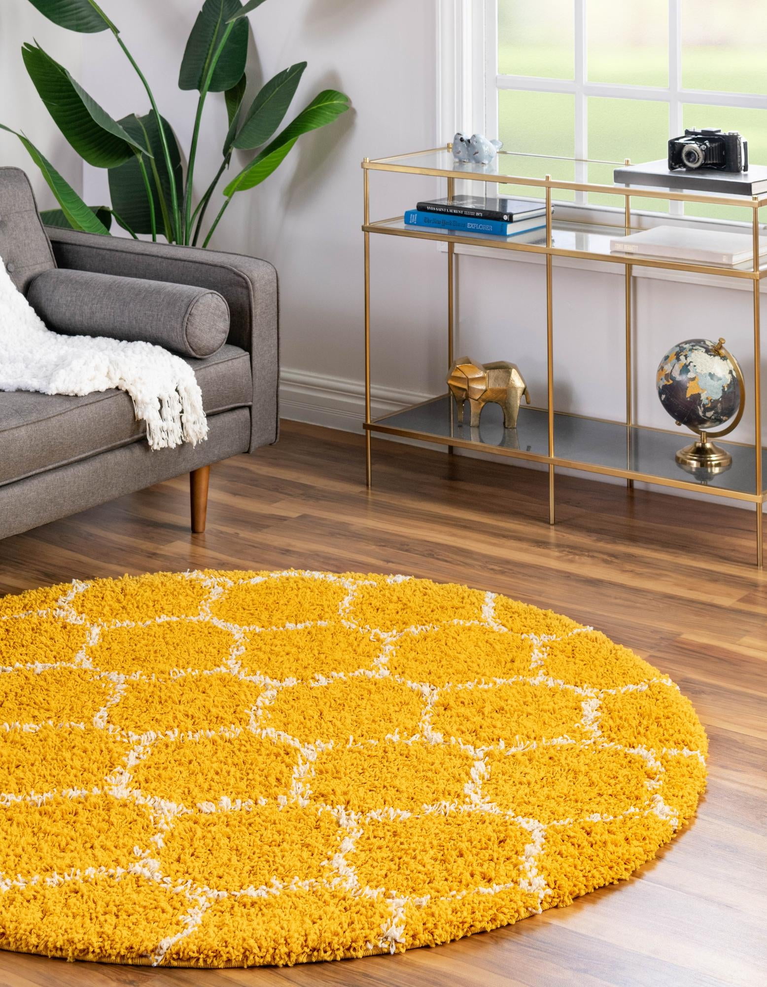 Round Loop Rug Unique Loom Trellis Shag Collection Area Rug - Ruby (6' Round Yellow ...