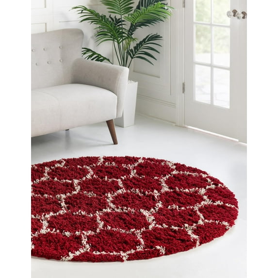 Unique Loom Trellis Shag Collection Area Rug - Ruby (7' 10" Round Burgundy Red/Ivory)