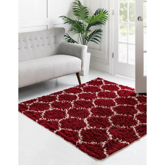 Unique Loom Trellis Shag Collection Area Rug - Ruby (7' 10" Square Burgundy Red/Ivory)