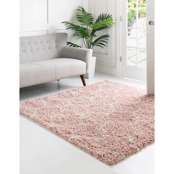 Unique Loom Trellis Shag Collection Area Rug - Ruby (7' 10" Square Light Pink/Ivory)
