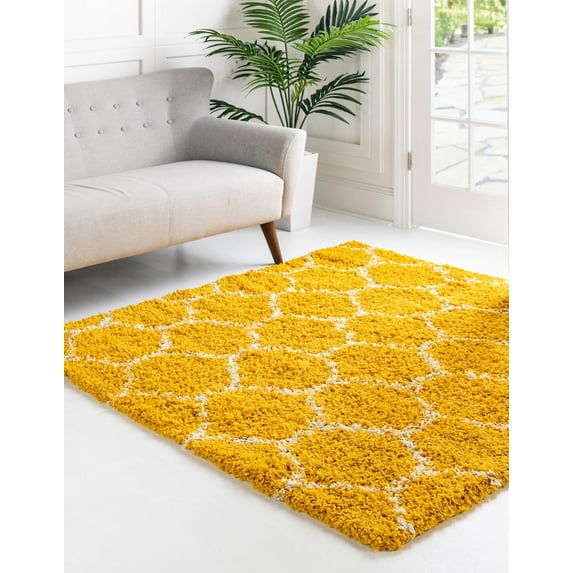 Unique Loom Trellis Shag Collection Area Rug - Ruby (7' 10" Square Yellow/Ivory)