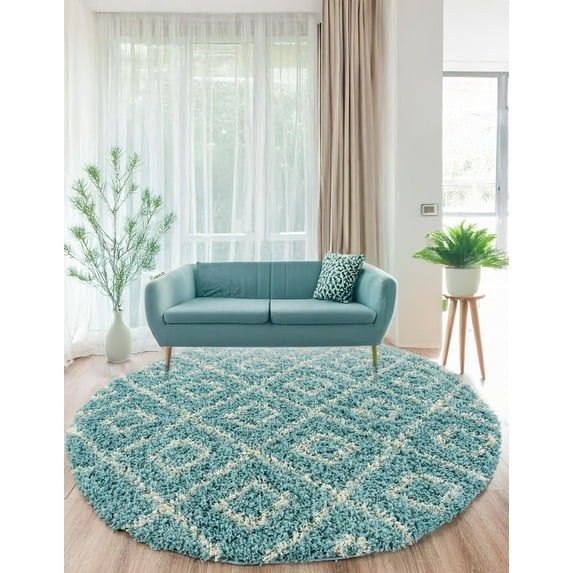 Unique Loom Trellis Shag Collection Area Rug - Ruth (10' Round Aqua/Ivory)