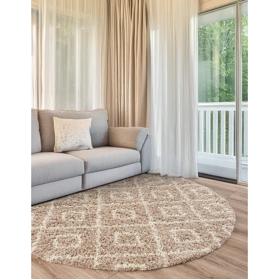 Unique Loom Trellis Shag Collection Area Rug - Ruth (10' Round Light Brown/Ivory)
