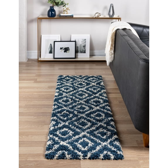 Unique Loom Trellis Shag Collection Area Rug - Ruth (2' 7" x 10' Runner Navy Blue/Ivory)