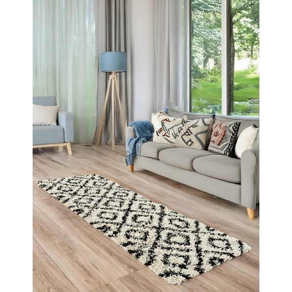 Unique Loom Trellis Shag Collection Area Rug - Ruth (2' 7" x 10' Runner White and Black/Ivory)