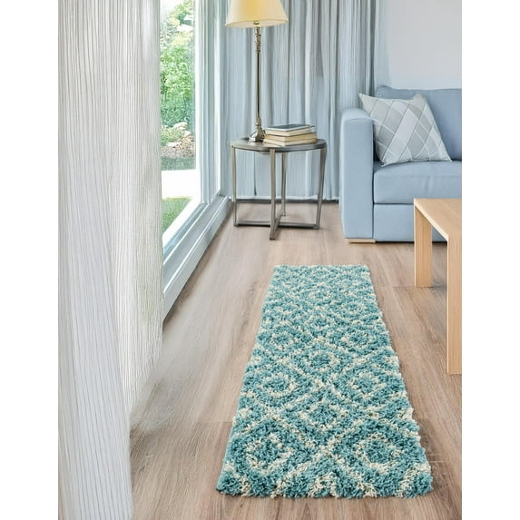 Unique Loom Trellis Shag Collection Area Rug - Ruth (2' 7" x 12' Runner Aqua/Ivory)