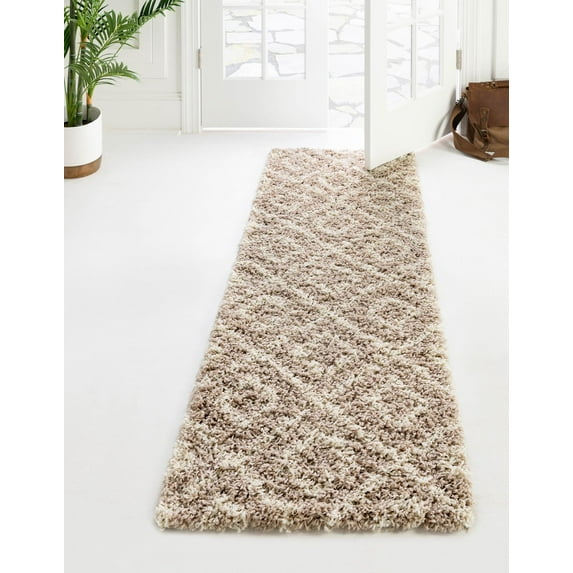 Unique Loom Trellis Shag Collection Area Rug - Ruth (2' 7" x 12' Runner Light Brown/Ivory)