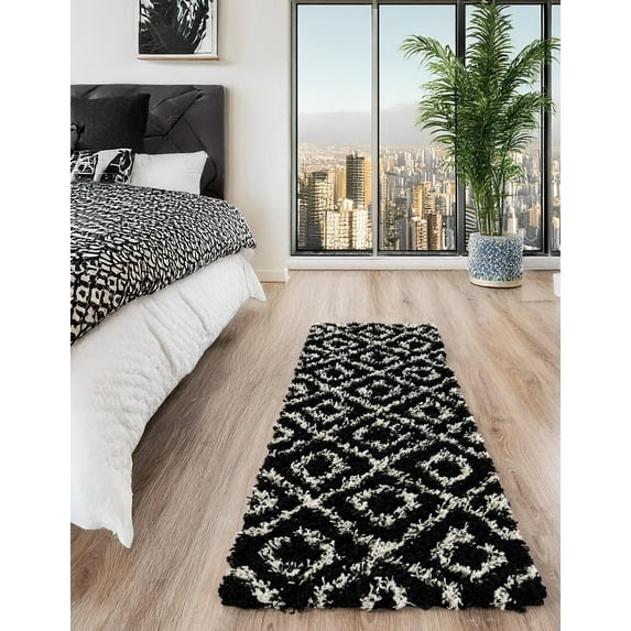 Unique Loom Trellis Shag Collection Area Rug - Ruth (2' x 5' Runner Black and White/Ivory)