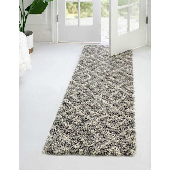Unique Loom Trellis Shag Collection Area Rug - Ruth (2' x 5' Runner Gray/Ivory)