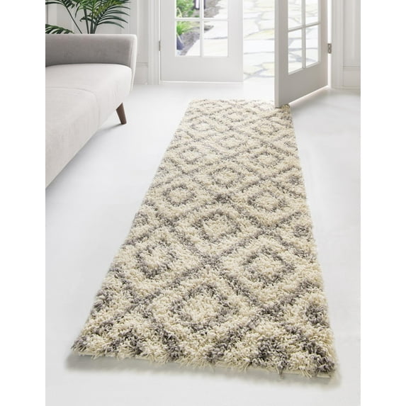 Unique Loom Trellis Shag Collection Area Rug - Ruth (2' x 6' Runner Ivory/Gray)