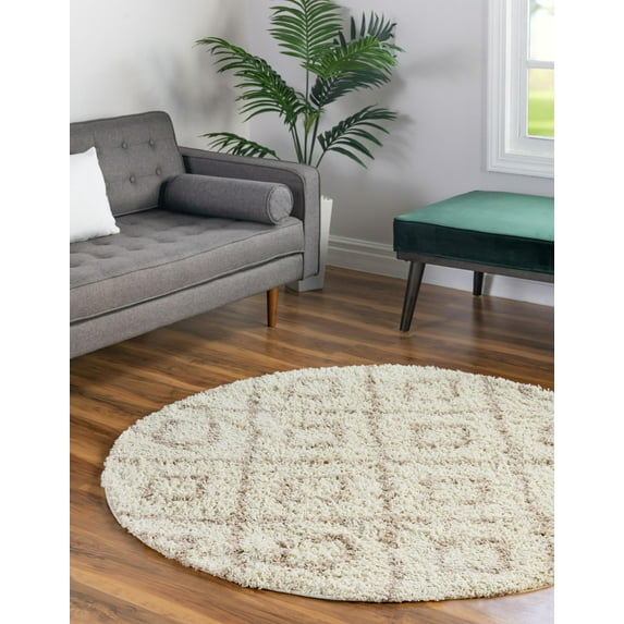 Unique Loom Trellis Shag Collection Area Rug - Ruth (3' 3" Round Beige/Light Brown)