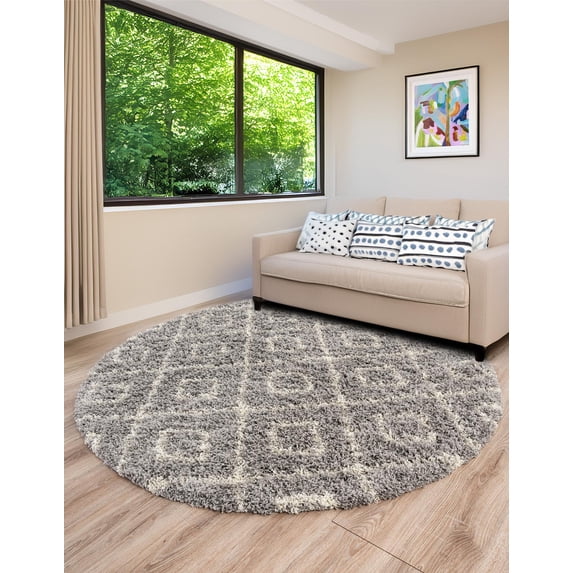 Unique Loom Trellis Shag Collection Area Rug - Ruth (3' 3" Round Gray/Ivory)