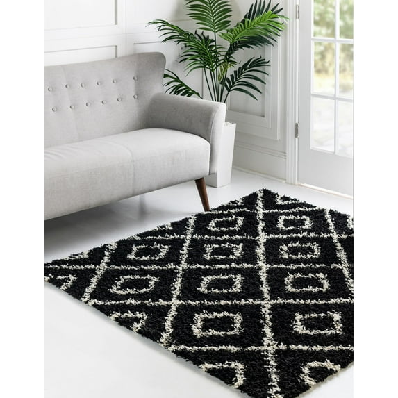 Unique Loom Trellis Shag Collection Area Rug - Ruth (3' 3" Square Black and White/Ivory)
