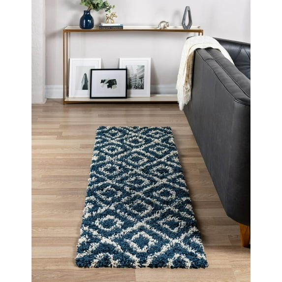 Unique Loom Trellis Shag Collection Area Rug - Ruth (3' 3" x 16' 5" Runner Navy Blue/Ivory)