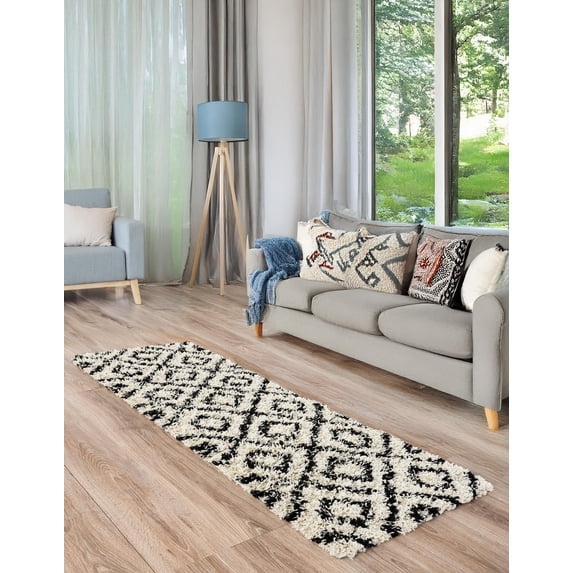 Unique Loom Trellis Shag Collection Area Rug - Ruth (3' 3" x 16' 5" Runner White and Black/Ivory)