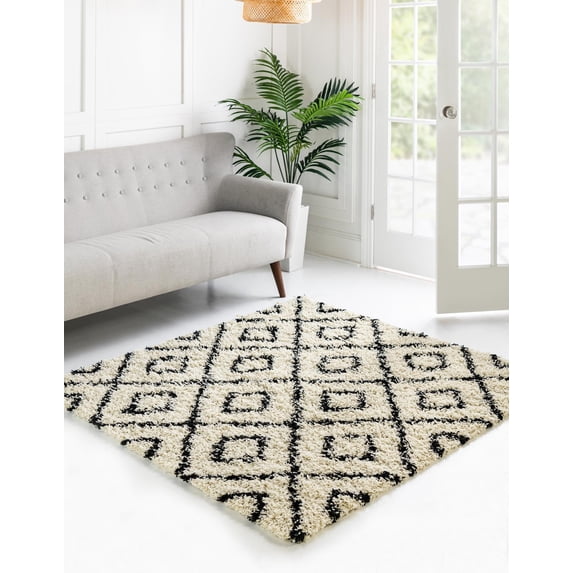 Unique Loom Trellis Shag Collection Area Rug - Ruth (4' Square White and Black/Ivory)