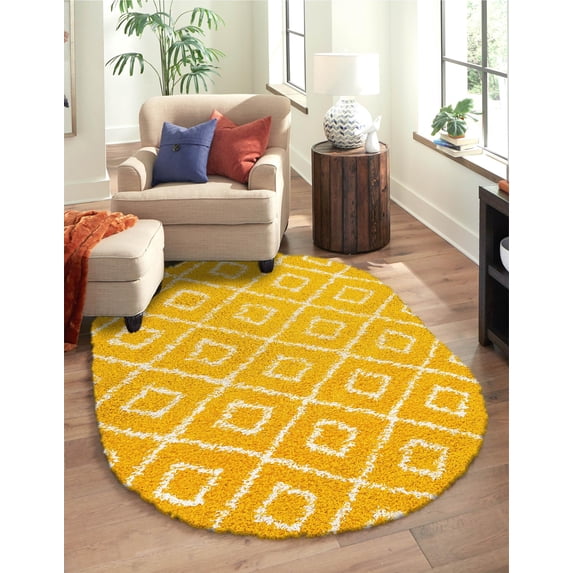 Unique Loom Trellis Shag Collection Area Rug - Ruth (4' x 6' Oval Yellow/Ivory)