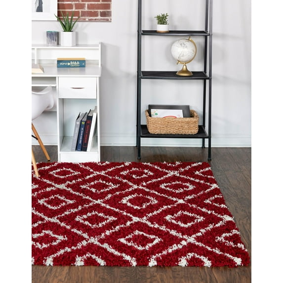 Unique Loom Trellis Shag Collection Area Rug - Ruth (4' x 6' Rectangle Burgundy Red/Ivory)
