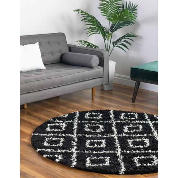 Unique Loom Trellis Shag Collection Area Rug - Ruth (5' 3" Round Black and White/Ivory)