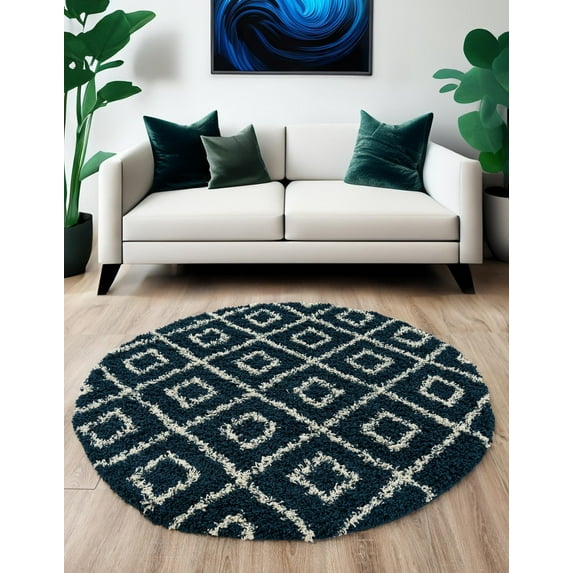 Unique Loom Trellis Shag Collection Area Rug - Ruth (5' 3" Round Navy Blue/Ivory)