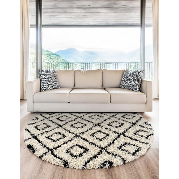 Unique Loom Trellis Shag Collection Area Rug - Ruth (5' 3" Round White and Black/Ivory)