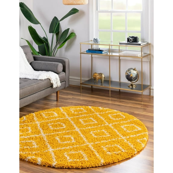 Unique Loom Trellis Shag Collection Area Rug - Ruth (5' 3" Round Yellow/Ivory)