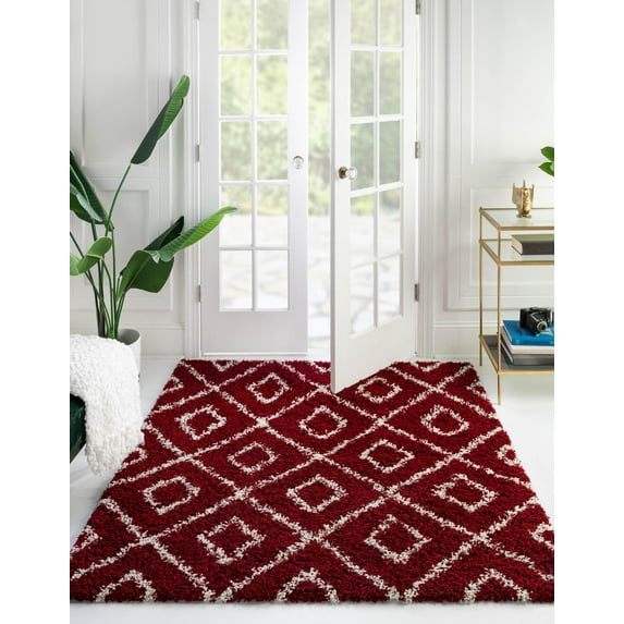 Unique Loom Trellis Shag Collection Area Rug - Ruth (5' 3" Square Burgundy Red/Ivory)