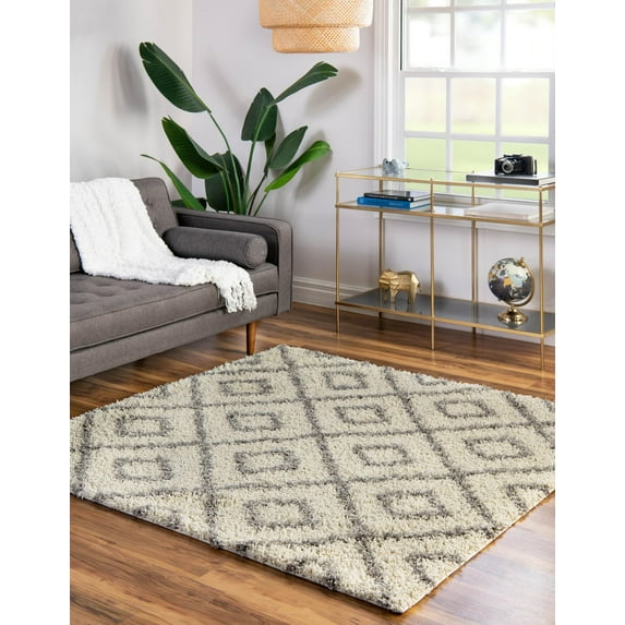 Unique Loom Trellis Shag Collection Area Rug - Ruth (5' 3" Square Ivory/Gray)