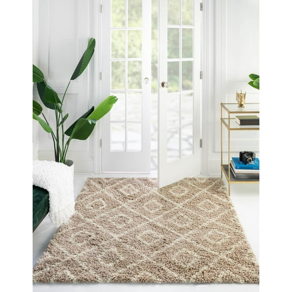 Unique Loom Trellis Shag Collection Area Rug - Ruth (5' 3" Square Light Brown/Ivory)