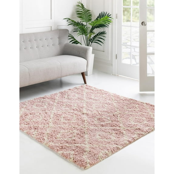 Unique Loom Trellis Shag Collection Area Rug - Ruth (5' 3" Square Light Pink/Ivory)