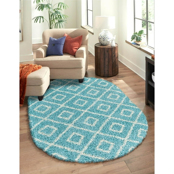 Unique Loom Trellis Shag Collection Area Rug - Ruth (5' 3" x 8' Oval Aqua/Ivory)