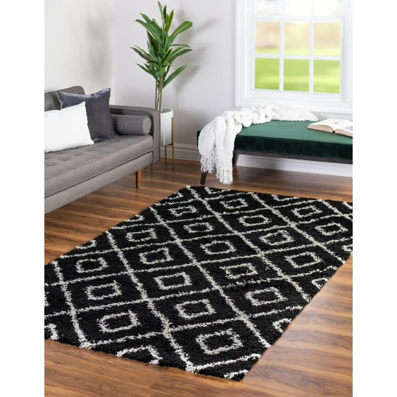 Unique Loom Trellis Shag Collection Area Rug - Ruth (5' 3" x 8' Rectangle Black and White/Ivory)
