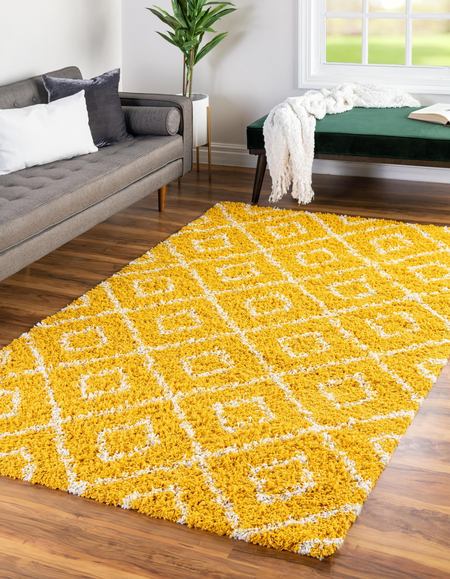 Yellow and Ivory Rectangular Trellis Shag Area Rug
