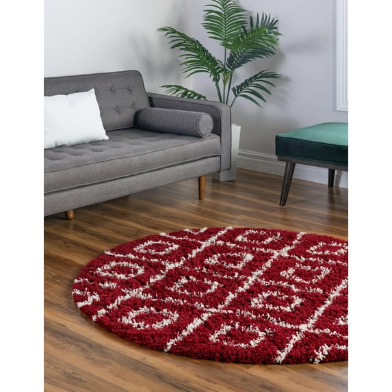 Unique Loom Trellis Shag Collection Area Rug - Ruth (6' Round Burgundy Red/Ivory)
