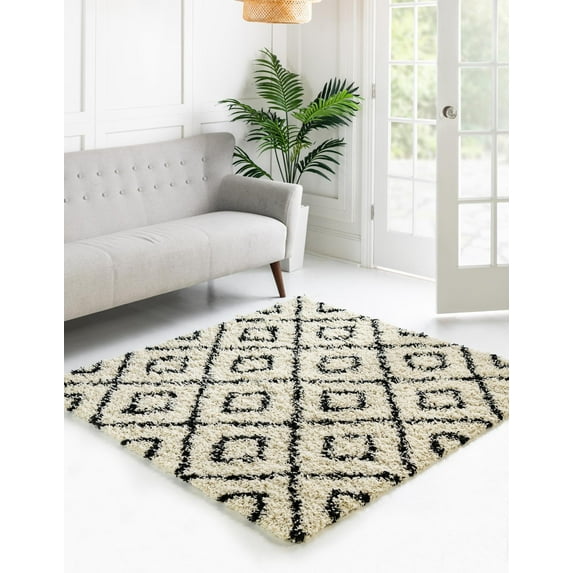 Unique Loom Trellis Shag Collection Area Rug - Ruth (6' Square White and Black/Ivory)