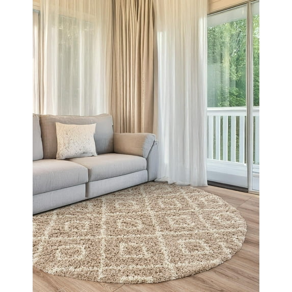 Unique Loom Trellis Shag Collection Area Rug - Ruth (7' 10" Round Light Brown/Ivory)