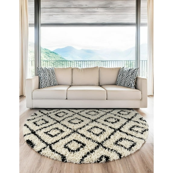 Unique Loom Trellis Shag Collection Area Rug - Ruth (7' 10" Round White and Black/Ivory)