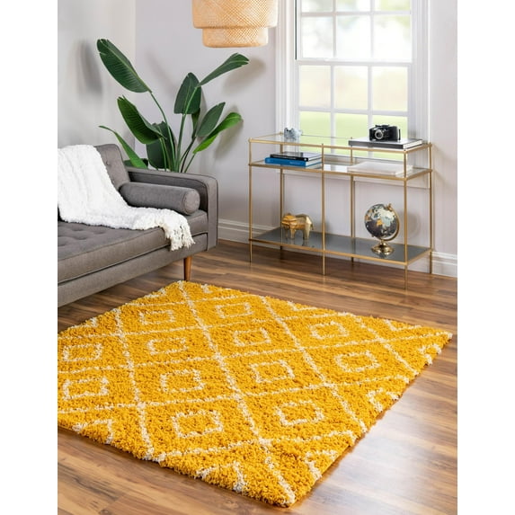 Unique Loom Trellis Shag Collection Area Rug - Ruth (7' 10" Square Yellow/Ivory)