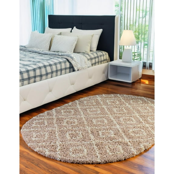 Unique Loom Trellis Shag Collection Area Rug - Ruth (7' 10" x 10' Oval Light Brown/Ivory)
