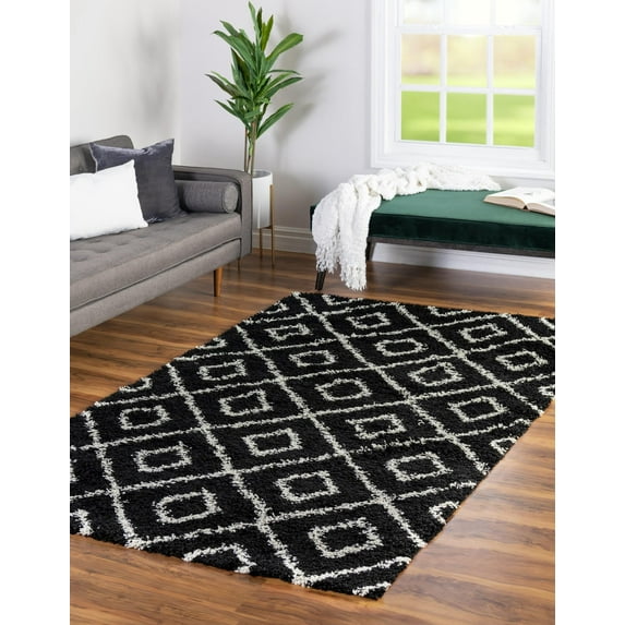 Unique Loom Trellis Shag Collection Area Rug - Ruth (7' 10" x 10' Rectangle Black and White/Ivory)