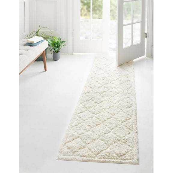 Unique Loom Trellis Shag Collection Area Rug - Traditional (2' x 6' 9" Runner Ivory)