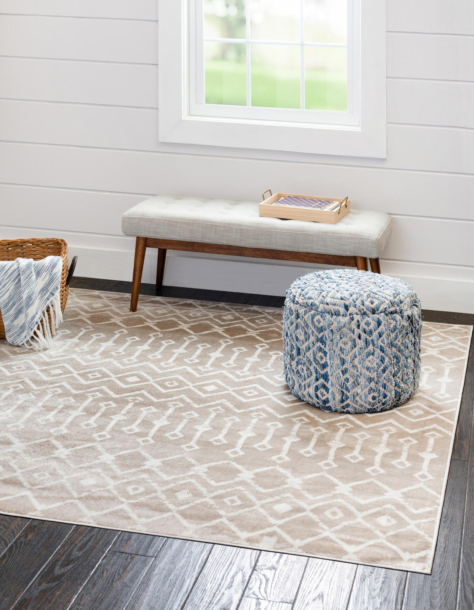 Beige 8' Square Trellis Synthetic Area Rug for Easy Care