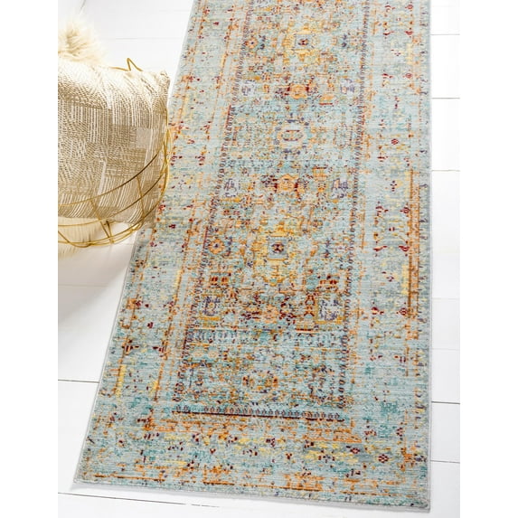 Unique Loom Tremolo Austin Rug Light Blue/Cream 4' x 16' 7" Runner Border Bohemian Perfect For Bathroom Hallway Mud Room Laundry Room