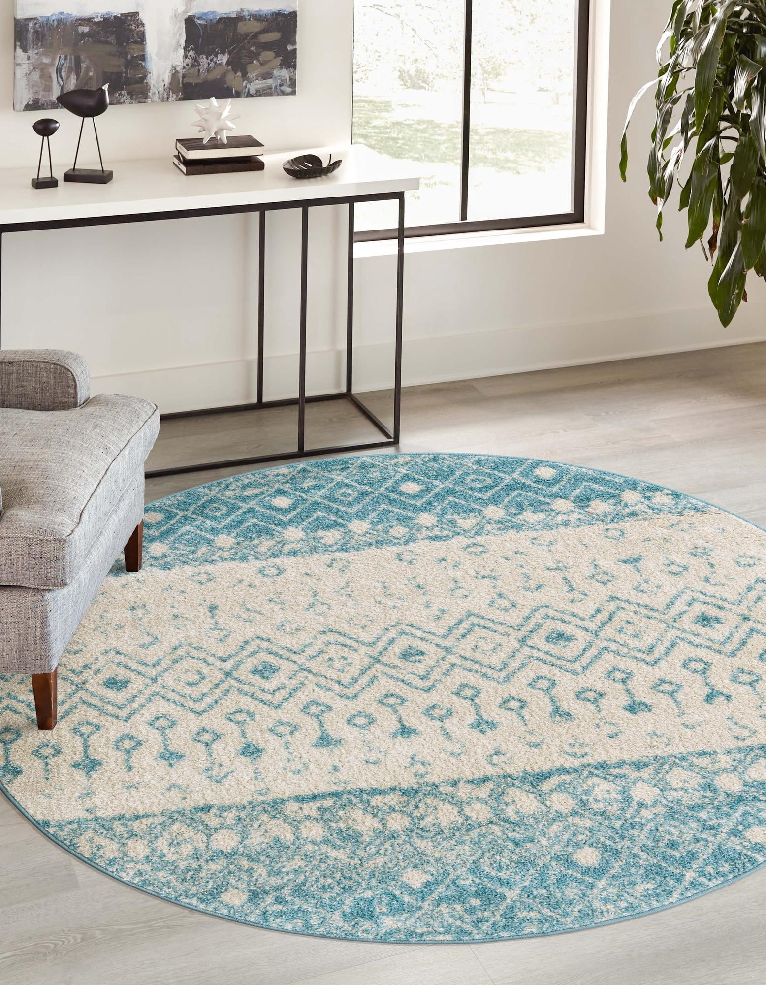 Hydrus Collection Area Rug Unique Loom Tribal Trellis Collection Area Rug - Alami (10' Round Ivory ...
