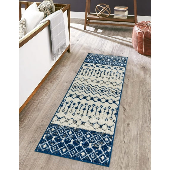 Unique Loom Tribal Trellis Collection Area Rug - Alami (2' 7" x 10' Runner Ivory Navy Blue/Gray)