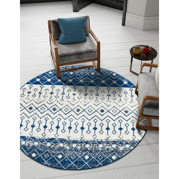 Unique Loom Tribal Trellis Collection Area Rug - Alami (3' 3" Round Ivory Navy Blue/Gray)