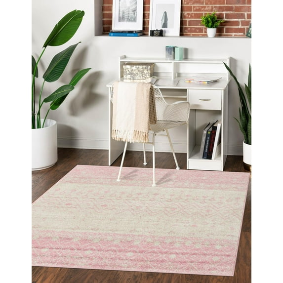Unique Loom Tribal Trellis Collection Area Rug - Alami (3' 3" Square Ivory and Pink)